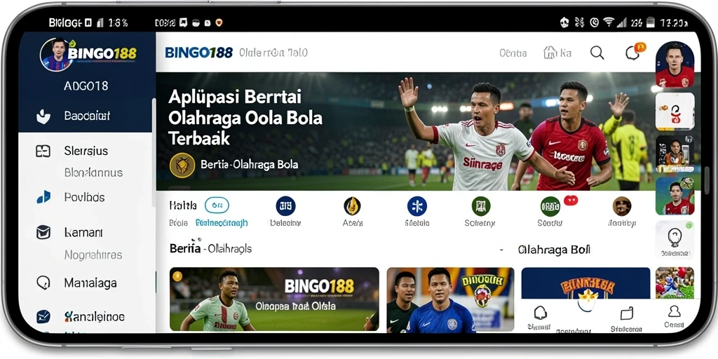 Tampilan antarmuka aplikasi BINGO188 dengan berita olahraga bola.
