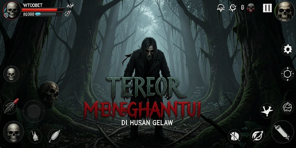Antarmuka game Horor Hutan dengan suasana mencekam.